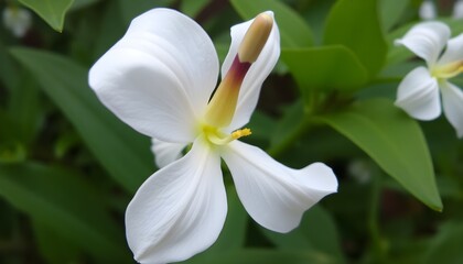 Fototapeta premium A white flower with a brown stem and a yellow green leaves forest background,
