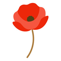 Stylized red poppy flower with a dark center and brown stem against a black background