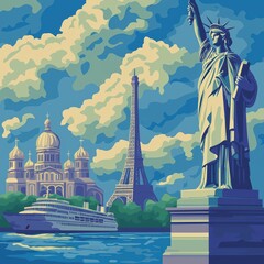 Iconic Landmarks of the World Overlooking a Serene Waterfront