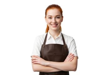 Young woman in apron smiling Friendly store worker with arms crossed wearing apron