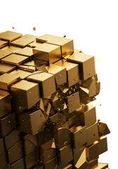 Abstract 3D Golden Cubes Fragmented Against Black Background