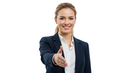 Blonde businesswoman extending handshake Smiling young female professional in formal attire offering a handshake