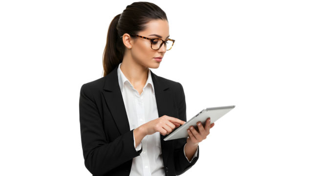 Woman reading digital document Businesswoman reviewing file on digital device