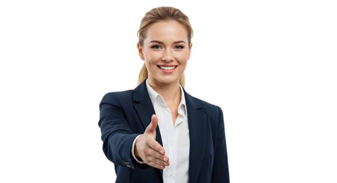 Blonde businesswoman extending handshake Smiling young female professional in formal attire offering a handshake - Powered by Adobe