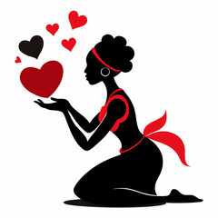 Black silhouette African woman kneeling sending red hearts vector