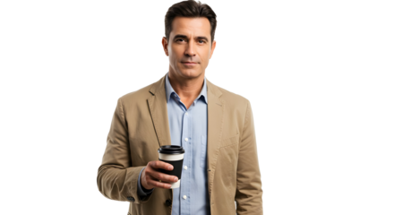 Businessman holding takeaway coffee Confident man in jacket with cup of coffee