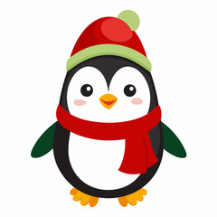Cute cartoon penguin wearing red scarf and green hat on white background christmas