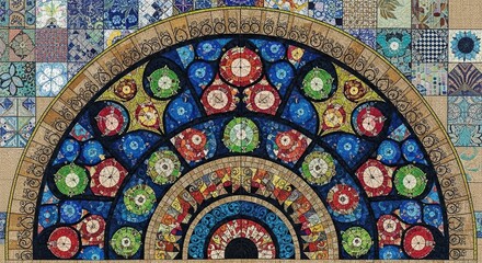 Fototapeta premium Colorful circular design composed of various mosaic patterns.
