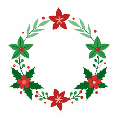 Red floral green holly berry Christmas wreath vector illustration