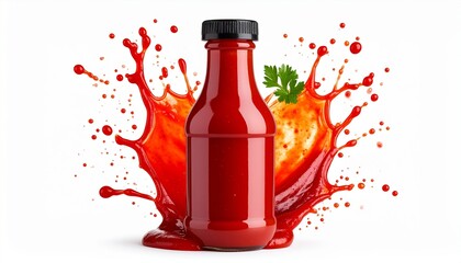A vibrant red sauce bottle with a dynamic splash and a fresh herb garnish