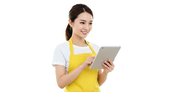 Barista Checking Tablet in Apron Perfect for smart ordering systems or modern café operations