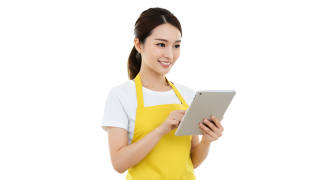 Barista Checking Tablet in Apron Perfect for smart ordering systems or modern café operations