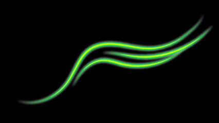 Glowing neon light trail element. Bright green speed line wave. Lights in motion effect. Magic luminous curved path concept. Abstract bent dynamic motion stripes. Vector illustration