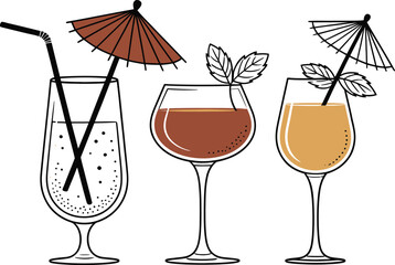 Three refreshing cocktails with garnishes and umbrellas on a white background