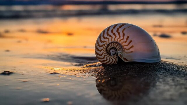 Glowing Sunset Reflections on Seashell in Gentle Ocean Foam