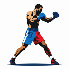 Naklejka premium Stylized illustration of a muscular bearded boxer in a fighting stance, wearing red and blue gear.
