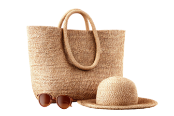 Beige straw tote bag, hat, and sunglasses,  isolated on black