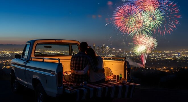 Couple Enjoys Fireworks Display From Truck Bed On Labor Day Celebration - Powered by Adobe