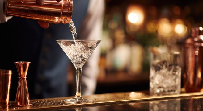 Bartender pouring cocktail into martini glass on bar