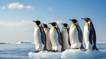Naklejka premium Group of Emperor Penguins Standing on Ice in Clear Blue Water