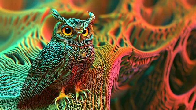 Colorful Owl Perched on Abstract Fractal, Vivid Digital Art Animation Seamless Loop, Detailed