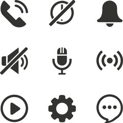 Set of nine dark grey communication and interface icons on a white background telephone