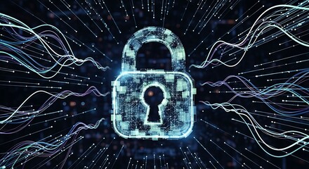 Digital padlock icon representing cybersecurity and data protection with glowing waves and binary code