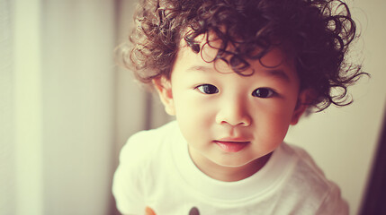 Naklejka premium Child Portrait Closeup Youthful Curly Hair Innocence Joy Happiness Joy Light Indoor Expressive Playful Adorable Eyes Facial Cheerful Natural Carefree 