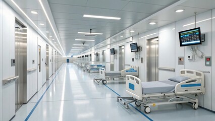 Modern hospital corridor with medical beds and equipment isolated on transparent background