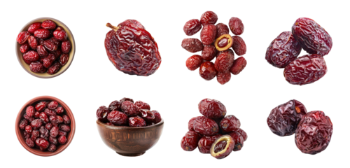 Collection of Heap of whole dried Chinese red dates and a halved top view isolate on transparency background