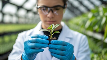 Scientist in a greenhouse examining a small green plant seedling