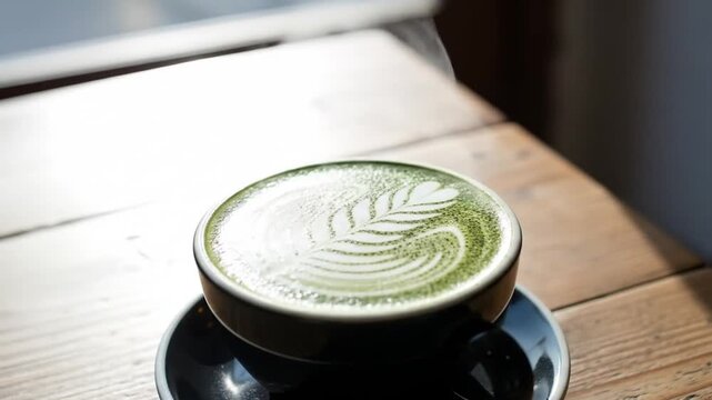 A warm matcha green tea latte with delicate rosetta foam art in a dark cup, placed on a sunlit wooden table in a cozy cafe.