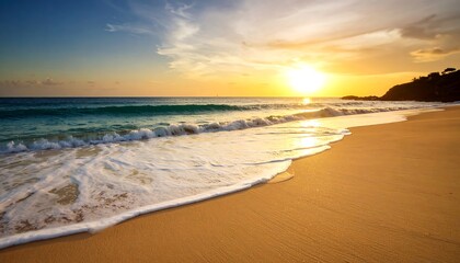 Obraz premium Golden Hour Serenity: Waves Gently Kissing the Shore at a Tropical Beach