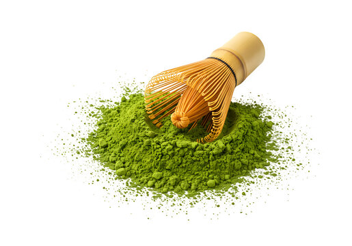Japanese matcha tea powder with traditional bamboo whisk, ideal for tea, organic, and Asian culture designs. isolated on white or transparent background. PNG format.