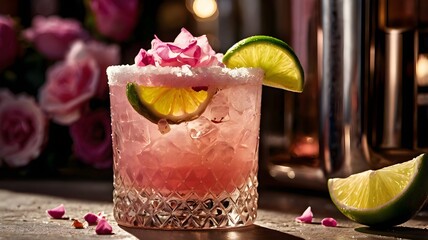Pink Rosa Tequila Cocktail with Lime and Rose Petals for National Rosa Tequila Day