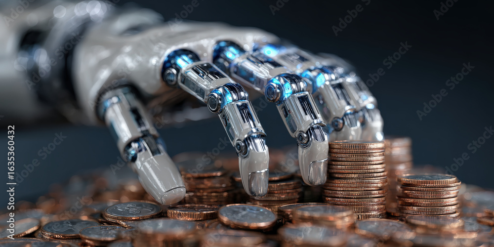 Poster robotic hand with metallic fingers gently grasps stack of coins, symbolizing intersection of technol