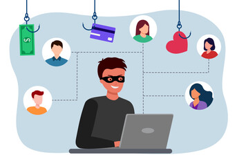 Hacker attack. Fraud with user data on social networks. Credit or debit card theft. Internet phishing, cybercrime and crime. A thief on a website online on the internet.