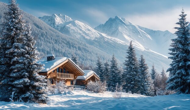 Snowy cabin nestled in mountains winter landscape
