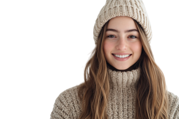 Smiling woman wears winter gear.  High-key portrait with positive emotion for social media, website banner, lifestyle blog, or product advertisement.