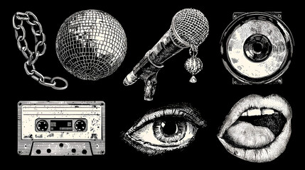 Halftone photocopy music elements set. Vinyl record, mouth with disco ball, microphone, cassette, speaker, eyes, chain with grunge punk doodle scribbles collection. Vector.  Stock Vector