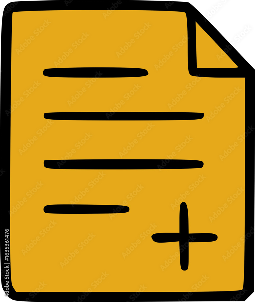 Poster a simple, hand-drawn illustration of a document with lines and a plus sign, representing adding info