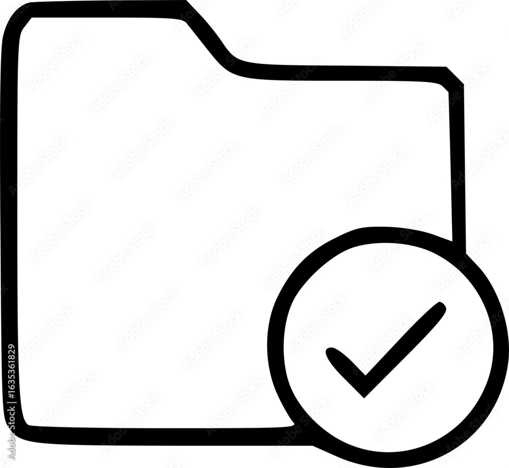 Poster a simple black and white line drawing of a folder with a checkmark inside a circle, indicating compl