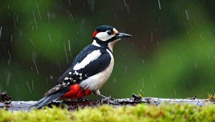 Obraz premium Great spotted woodpecker perched on a mossy branch during a rainy day