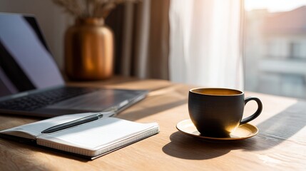 Modern home office setup with laptop, notebook, and coffee cup on wooden desk, symbolizing hybrid work. Minimalist decor with copy space, ideal for remote work and productivity concepts.