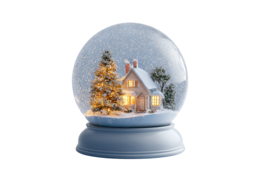 Clear snow globe, cozy house, winter scene