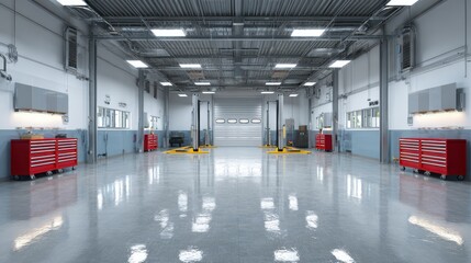 Modern auto repair shop interior with lift, tools, and clean floor