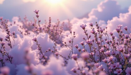 Obraz premium lavender dream background with dreamlike mood, misty overlay, radiant shine, and soft clouds