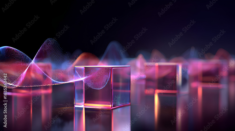 Poster hologram glass shapes dynamic 3d background. abstract bg with row of crystal square plates. holograp