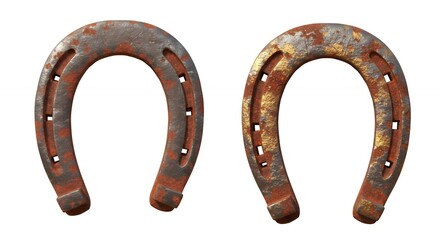 Two rusty horseshoes isolated on white background