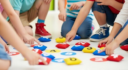 Engaged kids playing educational number matching game with beanbags in bright classroom setting